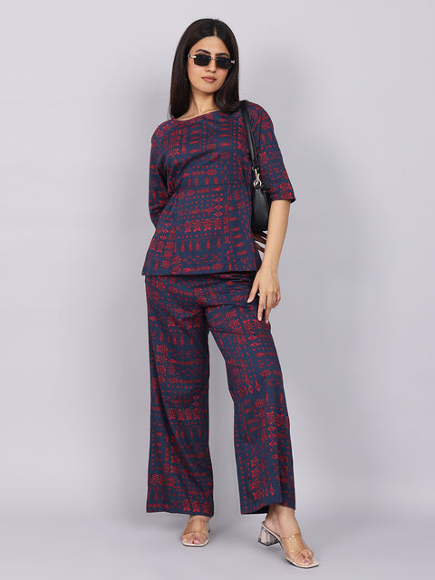 Women’s Navy Red Printed Relaxed Fit Boat Neck Coord Set