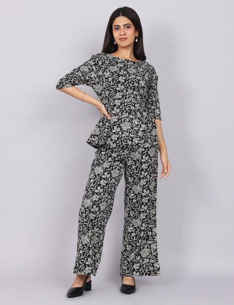 Women’s Black Printed Relaxed Fit Boat Neck Coord Set