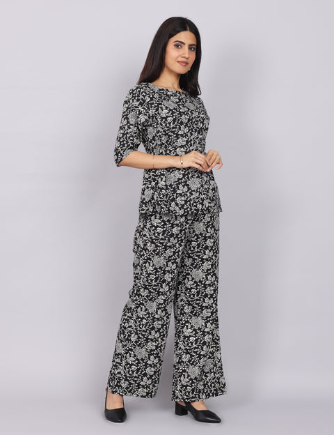 Women’s Black Printed Relaxed Fit Boat Neck Coord Set