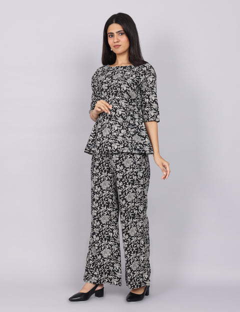 Women’s Black Printed Relaxed Fit Boat Neck Coord Set