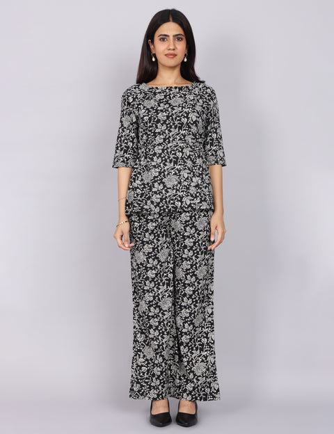 Women’s Black Printed Relaxed Fit Boat Neck Coord Set
