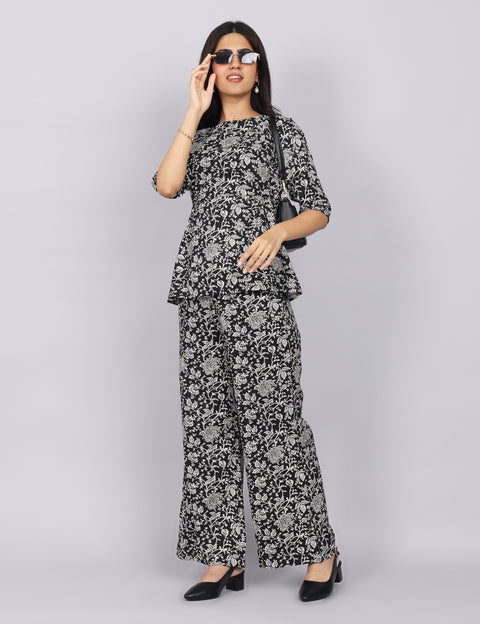 Women’s Black Printed Relaxed Fit Boat Neck Coord Set