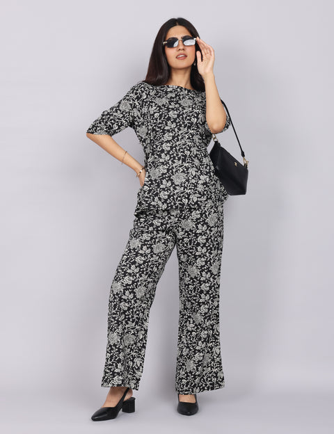 Women’s Black Printed Relaxed Fit Boat Neck Coord Set