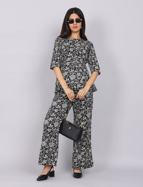 Women’s Black Printed Relaxed Fit Boat Neck Coord Set