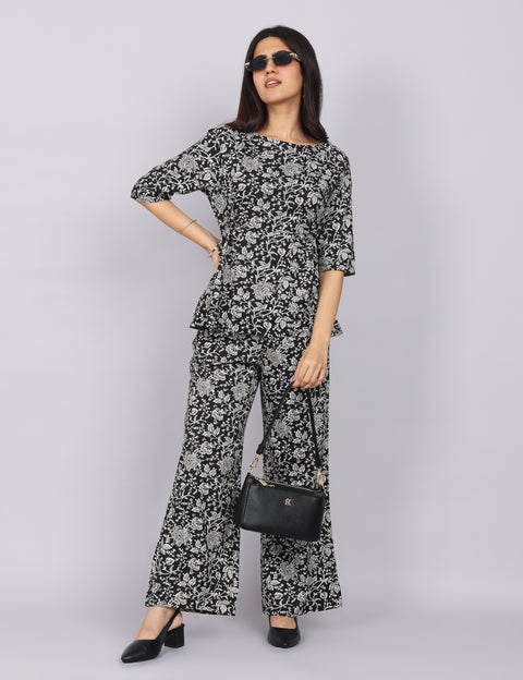 Women’s Black Printed Relaxed Fit Boat Neck Coord Set