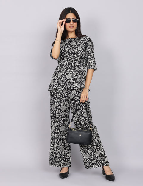 Women’s Black Printed Relaxed Fit Boat Neck Coord Set