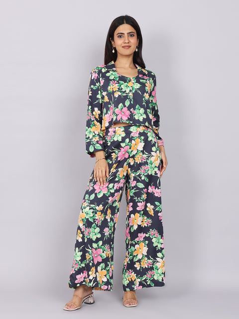 Women’s Navy Green Printed Relaxed Fit Collared Coord Set