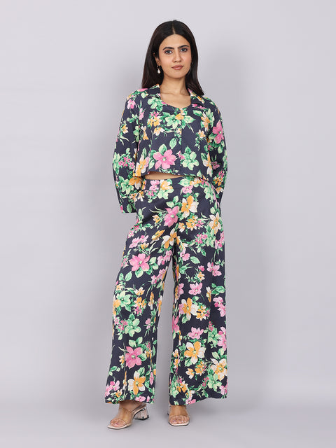 Women’s Navy Green Printed Relaxed Fit Collared Coord Set