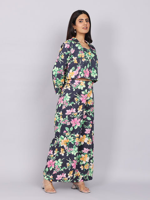 Women’s Navy Green Printed Relaxed Fit Collared Coord Set