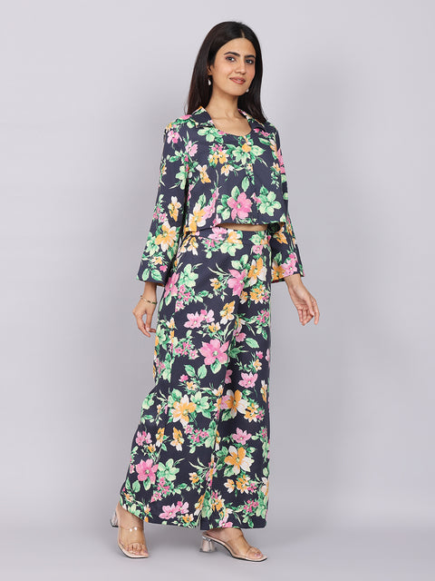 Women’s Navy Green Printed Relaxed Fit Collared Coord Set