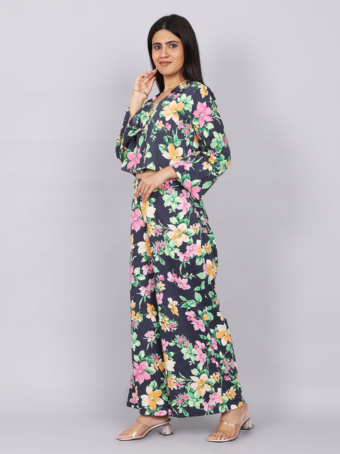 Women’s Navy Green Printed Relaxed Fit Collared Coord Set