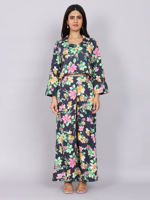Women’s Navy Green Printed Relaxed Fit Collared Coord Set