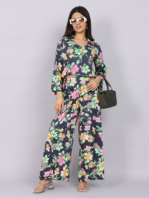 Women’s Navy Green Printed Relaxed Fit Collared Coord Set