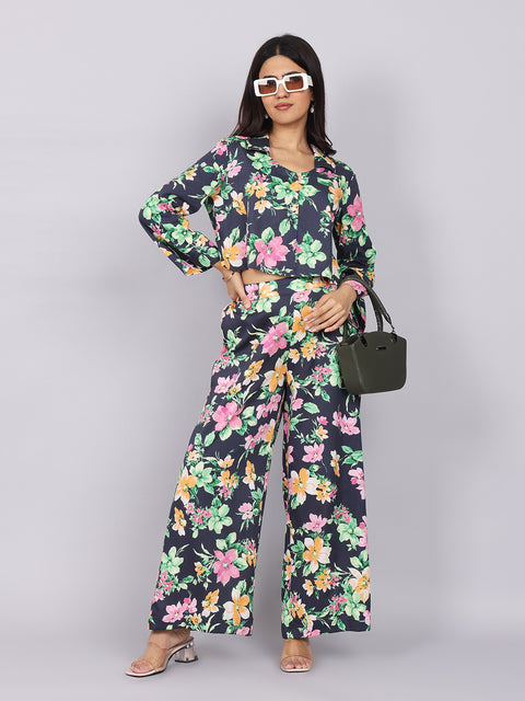 Women’s Navy Green Printed Relaxed Fit Collared Coord Set