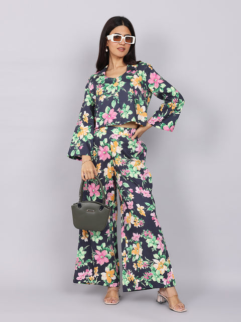Women’s Navy Green Printed Relaxed Fit Collared Coord Set