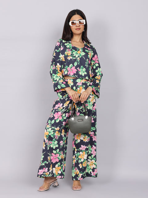 Women’s Navy Green Printed Relaxed Fit Collared Coord Set