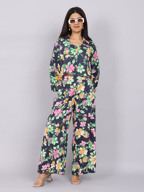Women’s Navy Green Printed Relaxed Fit Collared Coord Set