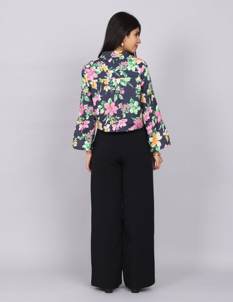 Women’s Navy Green Printed Relaxed Fit Collared Top