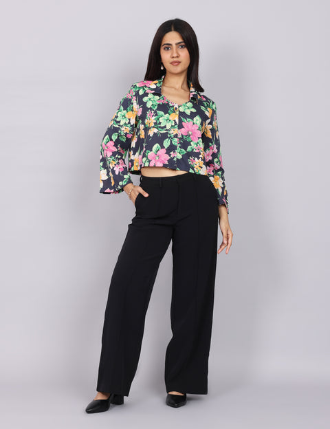 Women’s Navy Green Printed Relaxed Fit Collared Top