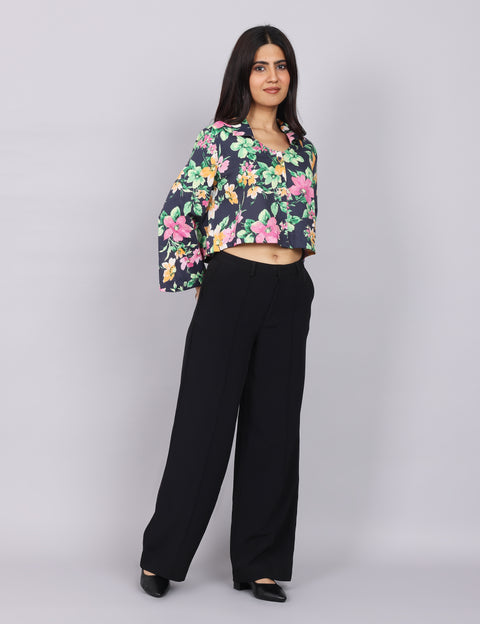 Women’s Navy Green Printed Relaxed Fit Collared Top