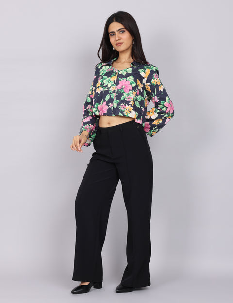 Women’s Navy Green Printed Relaxed Fit Collared Top