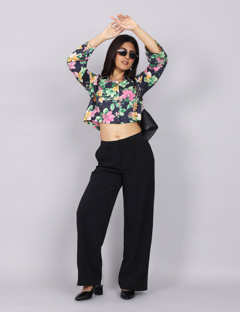 Women’s Navy Green Printed Relaxed Fit Collared Top