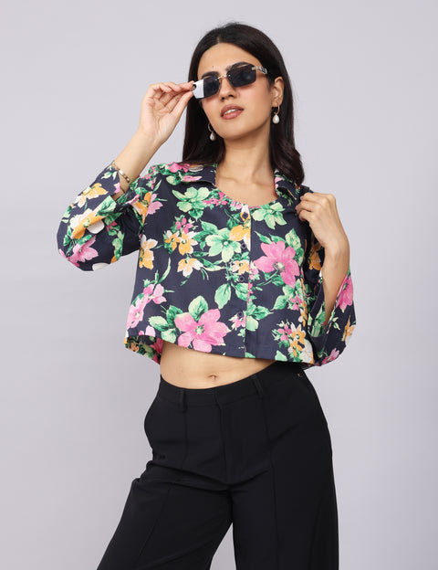 Women’s Navy Green Printed Relaxed Fit Collared Top