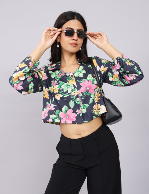 Women’s Navy Green Printed Relaxed Fit Collared Top
