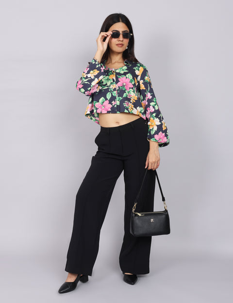 Women’s Navy Green Printed Relaxed Fit Collared Top