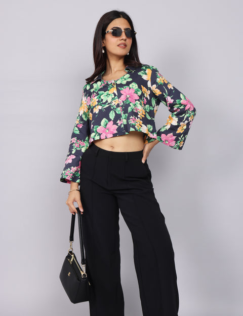 Women’s Navy Green Printed Relaxed Fit Collared Top