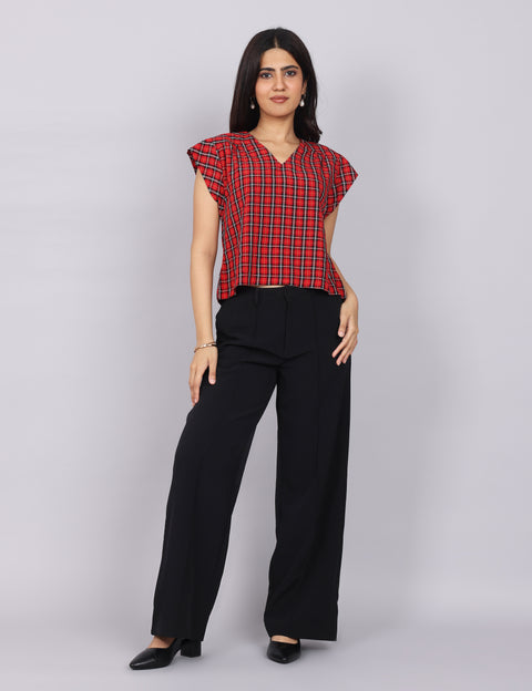 Women’s Red Checks Regular Fit V-Neck Top