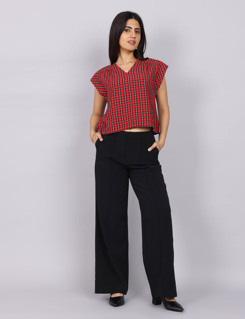 Women’s Red Checks Regular Fit V-Neck Top