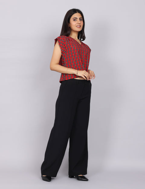 Women’s Red Checks Regular Fit V-Neck Top