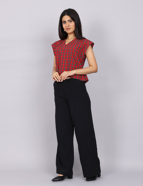 Women’s Red Checks Regular Fit V-Neck Top