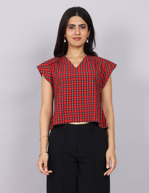 Women’s Red Checks Regular Fit V-Neck Top