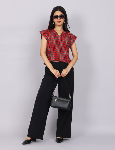 Women’s Red Checks Regular Fit V-Neck Top