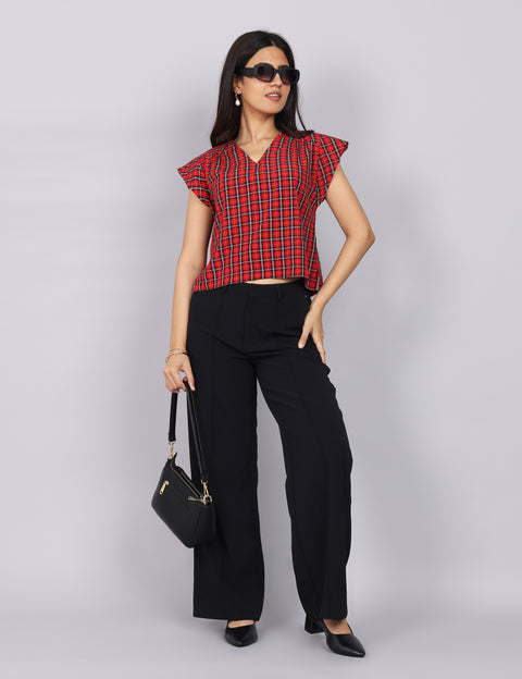 Women’s Red Checks Regular Fit V-Neck Top