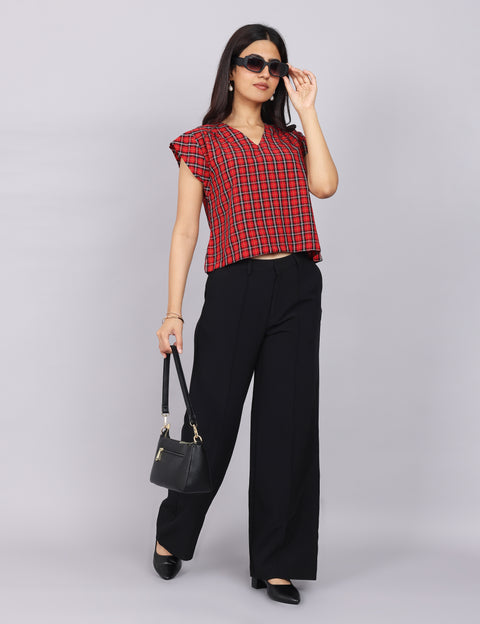 Women’s Red Checks Regular Fit V-Neck Top