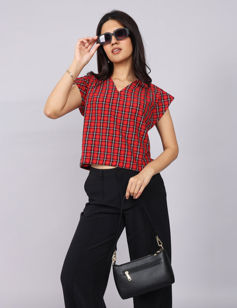 Women’s Red Checks Regular Fit V-Neck Top