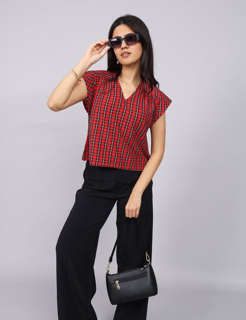 Women’s Red Checks Regular Fit V-Neck Top