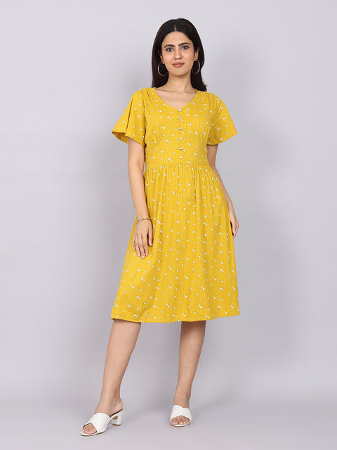Women’s Mustard Printed Fit & Flare V-Neck Dress