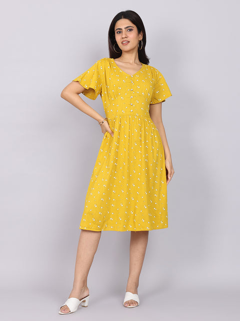 Women’s Mustard Printed Fit & Flare V-Neck Dress
