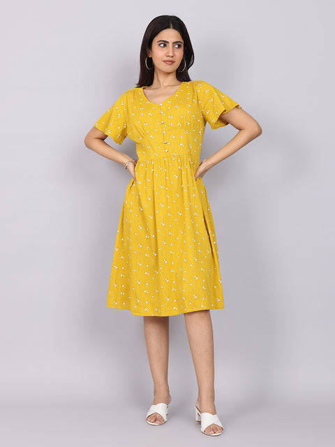 Women’s Mustard Printed Fit & Flare V-Neck Dress