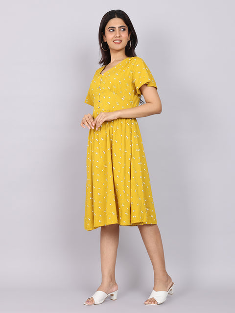 Women’s Mustard Printed Fit & Flare V-Neck Dress