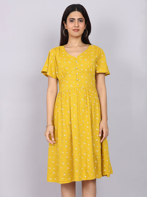 Women’s Mustard Printed Fit & Flare V-Neck Dress