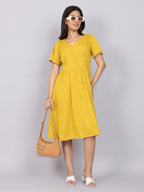 Women’s Mustard Printed Fit & Flare V-Neck Dress