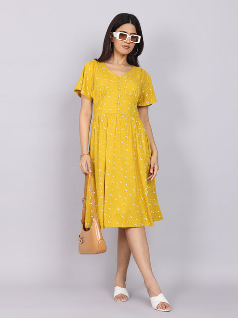 Women’s Mustard Printed Fit & Flare V-Neck Dress