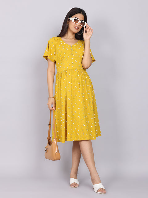 Women’s Mustard Printed Fit & Flare V-Neck Dress