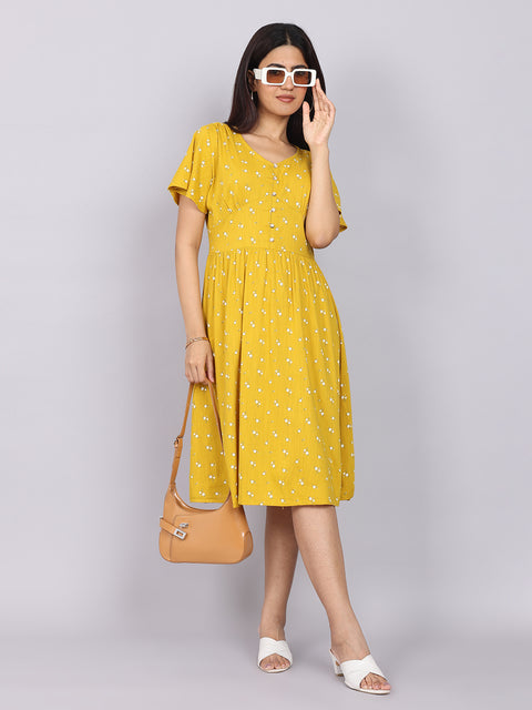 Women’s Mustard Printed Fit & Flare V-Neck Dress