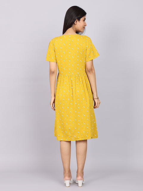 Women’s Mustard Printed Fit & Flare V-Neck Dress